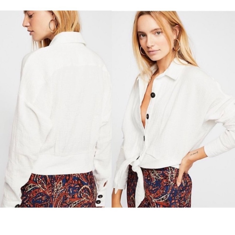 Free People Sun Streaks Tie Front Top Gauzy Button Up Tie Hem White